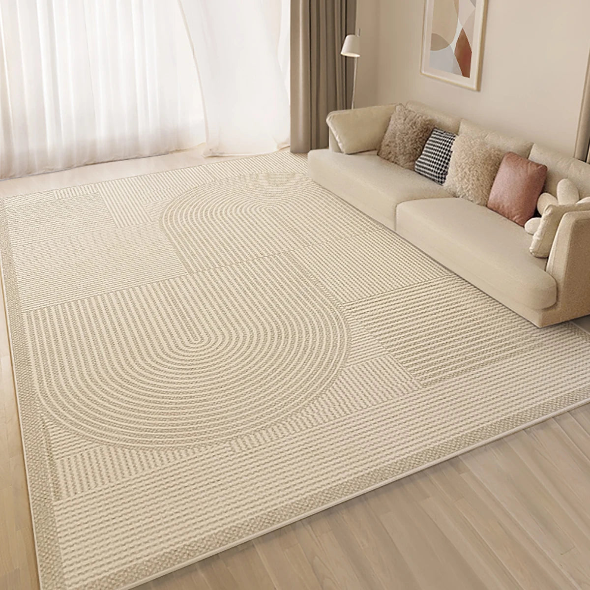 Checkered Pattern Short Pile Carpet, Beige Washable Carpet, Non-Slip Floor Mat for Living Room, Bedroom, Entrance and Kitchen