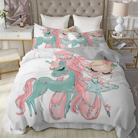 Modern Lovely Princess Kids Bedding Set Twin Size Microfiber Cartoon Unicorn Swan Ballet Girl Print Duvet Cover With Pillowcases