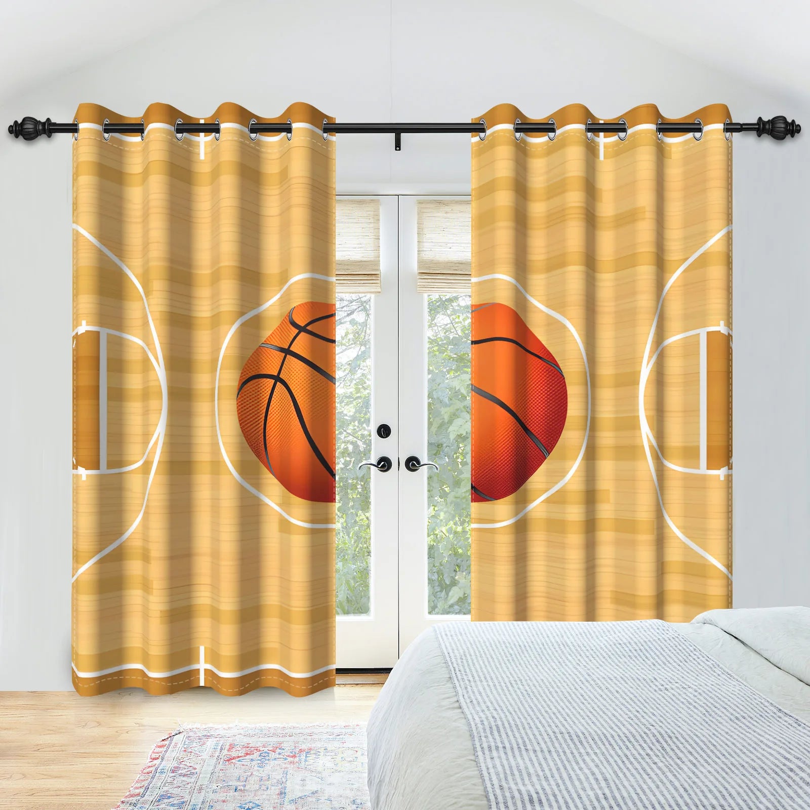 Sports Theme Kids Room Blackout Curtains Football Basketball Rugby Pattern Double Layer Curtains for Bedroom Sports Lovers Decor