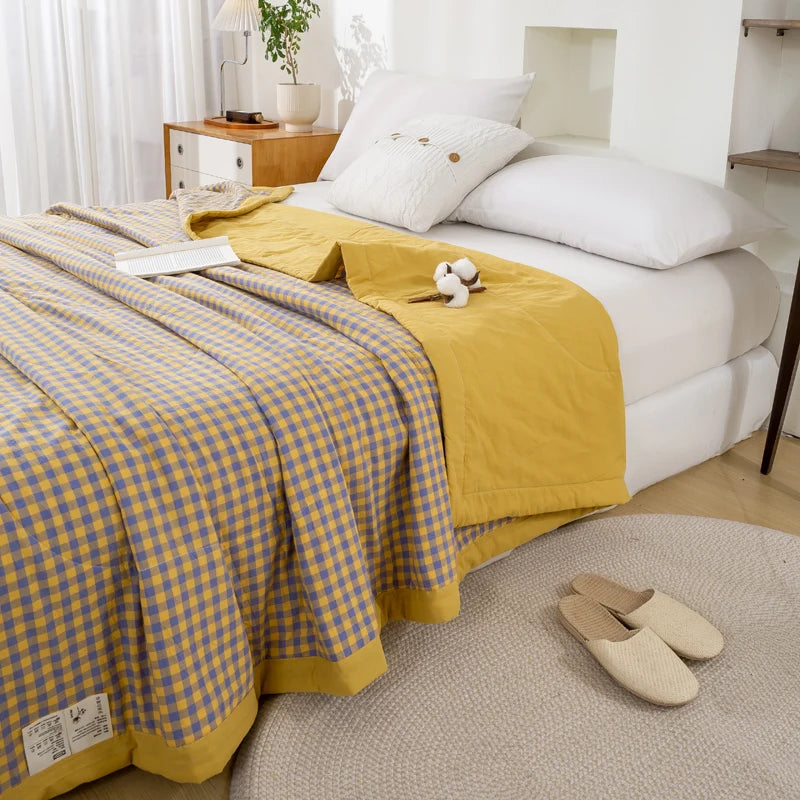 Japanese-style Plaid Summer Blanket 100% Cotton Skin Friendly Quilted Queen Quilt 220*240 Breathable King Size Duvet Comforter