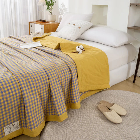 Japanese-style Plaid Summer Blanket 100% Cotton Skin Friendly Quilted Queen Quilt 220*240 Breathable King Size Duvet Comforter