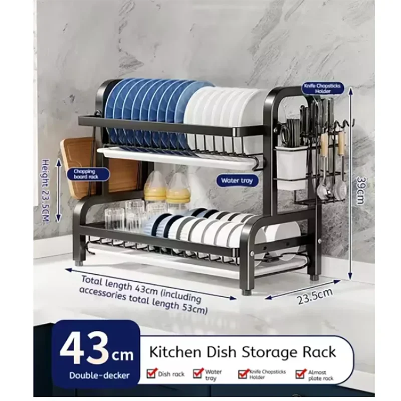 2 Tier Stainless Steel Dish Drying Rack with Drainboard Utensil Holder Compact Rust Proof Kitchen Storage Organizer