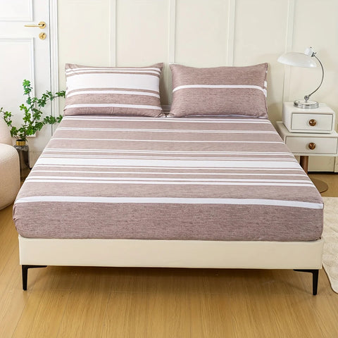 3-Piece Striped Fitted Sheet Set – Luxuriously Soft & Breathable – Includes 1 Fitted Sheet and 2 Pillowcases for Cozy Sleep – Pe