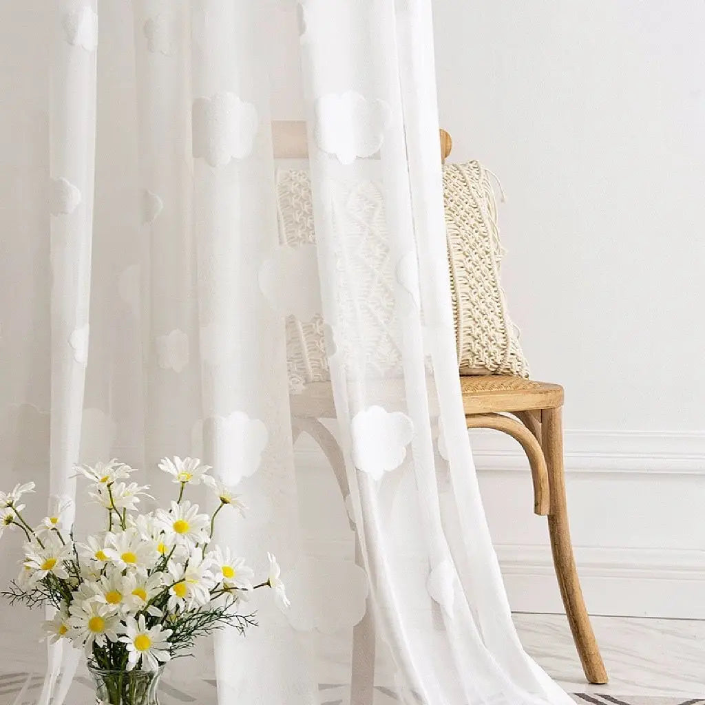 3D Cloud Embroidered Tulle Curtain For Living Room Bedroom Japanese Simple White Flocking Cartoon Sheer Drapes For Children Room