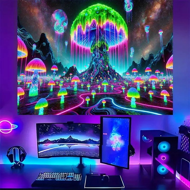 1 Piece Fluorescent Fantasy Mushroom Forest Tapestry - Polyester Material, Bedroom/Living Room/Dorm Decoration