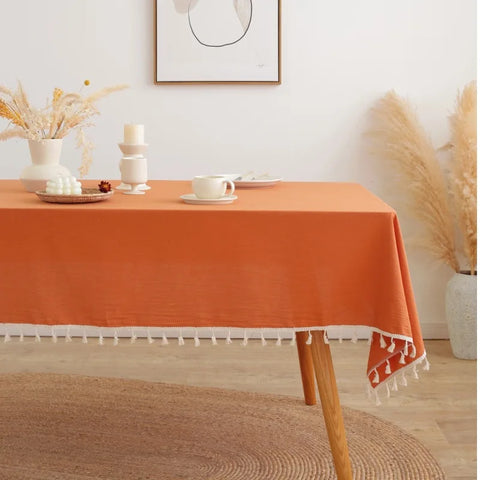 White Cotton Rectangle Tablecloth Fabric Tassel Farmhouse Washable Table Cover for Kitchen Living Room Dinning Picnic Decoration