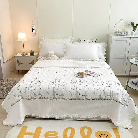 Fresh Flower Embroidered Summer Blanket 4/3/1 Pcs Ruffled Quilted Summer Quilt Set Machine Washable Lightweight Comforter Duvet