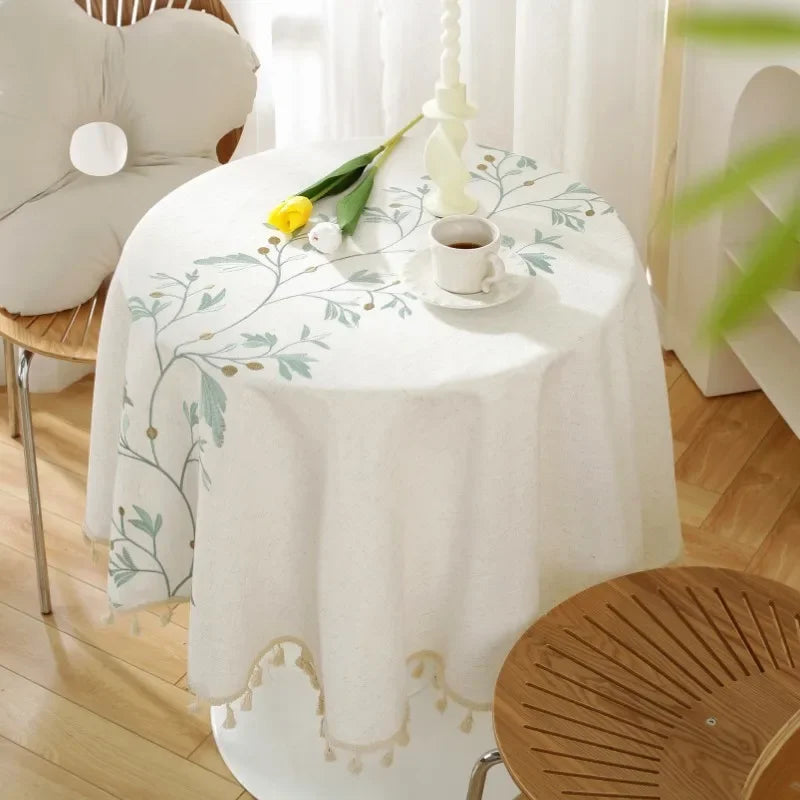 Solid Embroidery Round Tablecloth with Tassels Dust-Proof Table Cover for Kitchen Living Room Dinning Party Tabletop Decorations