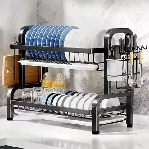 2 Tier Stainless Steel Dish Drying Rack with Drainboard Utensil Holder Compact Rust Proof Kitchen Storage Organizer