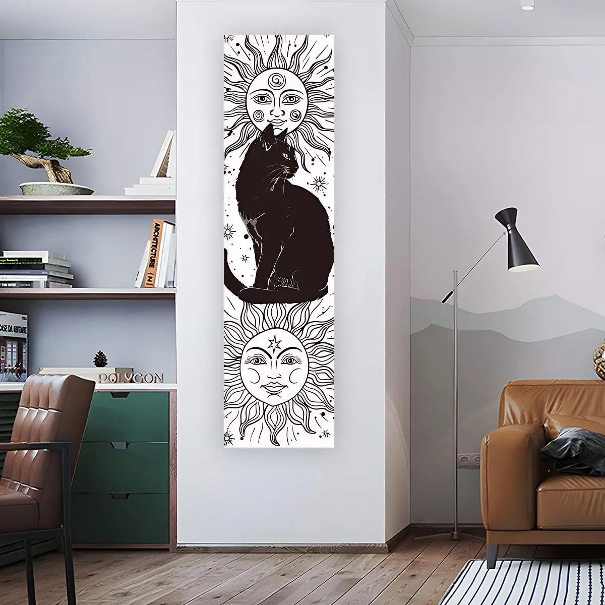 Whimsy Cat Black and White Cat Vertical Tapestry Sun and Moon Long Wall Hanging Starry Sky Aesthetic Art Tapestry Wall Decor