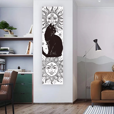 Whimsy Cat Black and White Cat Vertical Tapestry Sun and Moon Long Wall Hanging Starry Sky Aesthetic Art Tapestry Wall Decor