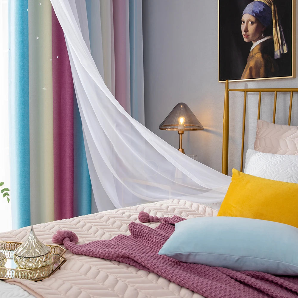 Rainbow Hollow-Out Star Blackout Curtains for Girl Kid Nursery Bedroom and Living Room Double Layer Window Cute Grommet Curtains