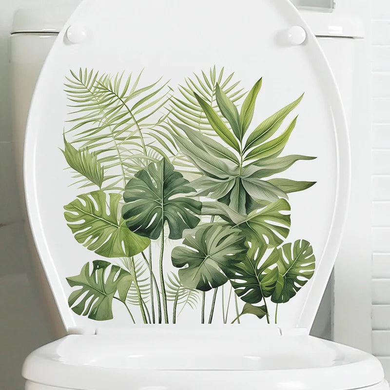 Green Plant Leaves Bathroom Toilet Sticker WC Closestool Wall Sticker Self Adhesive Mural Beautify Flower Home Decoration Decals