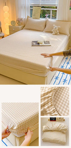 New Ultra-Thin Grid Pattern Fitted Sheet Set Washed Cotton Skin-Friendly Mattress Dust Cover Soft Breathable Household Mat