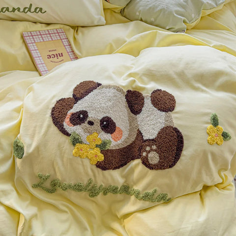 Cute Pink Cartoon Cat Towel Embroidery Girls Kids Bedding Set Soft Washed Cotton Duvet Covers Set Bed Sheet Pillowcases 3/4Pcs