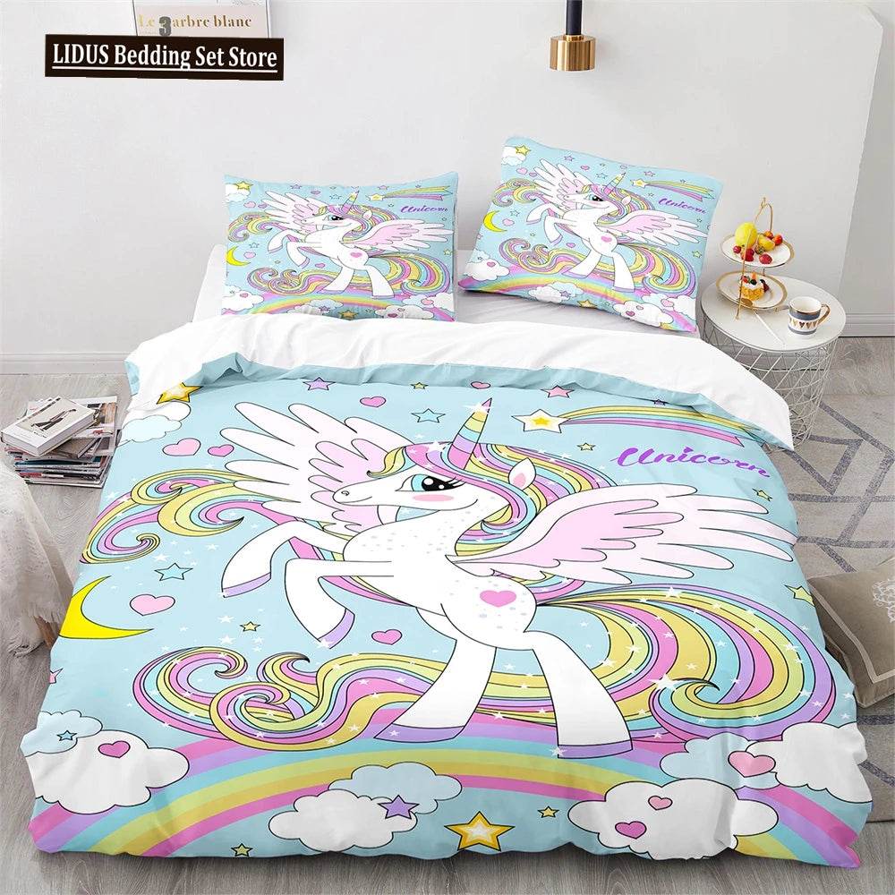 Unicorn Rainbow Duvet Cover Set King Twin Full Size Kids Boy Girl Bedding Set Colourful Cartoon Child Polyester Comforter Cover