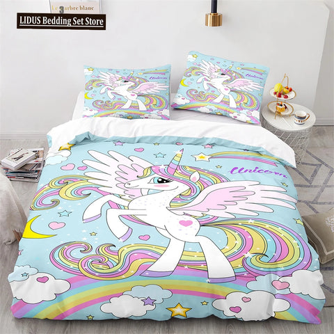 Unicorn Rainbow Duvet Cover Set King Twin Full Size Kids Boy Girl Bedding Set Colourful Cartoon Child Polyester Comforter Cover