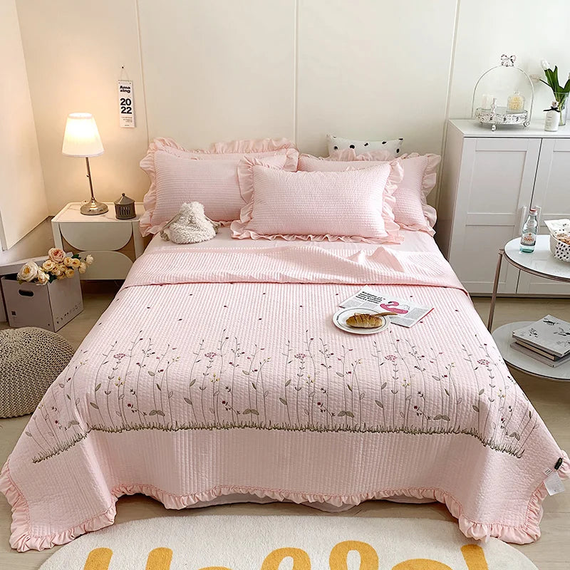 Fresh Flower Embroidered Summer Blanket 4/3/1 Pcs Ruffled Quilted Summer Quilt Set Machine Washable Lightweight Comforter Duvet