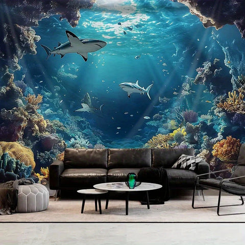 "Underwater Shark Tapestry - Polyester Brushed Fabric | Ocean Theme Wall Hanging for Living Room, No Battery/Electricity"