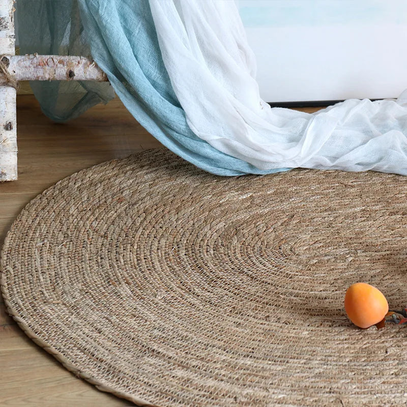 HeMu-Woven Rattan Round Carpets for Living Room, Bedroom Straw Rugs, Natural Plants Floor Mats, Bedside Garden Table Grass Mat
