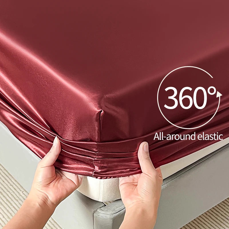 New Imitation Silk Satin Bed Sheet Set with Elastic Band Soft Silky Queen Fitted Sheet Mattress Cover King Size Bedsheet Sets