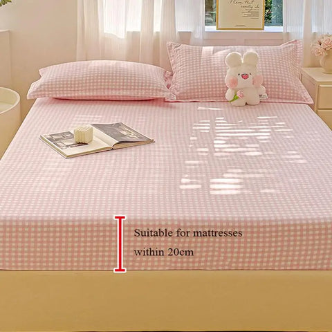 New Ultra-Thin Grid Pattern Fitted Sheet Set Washed Cotton Skin-Friendly Mattress Dust Cover Soft Breathable Household Mat