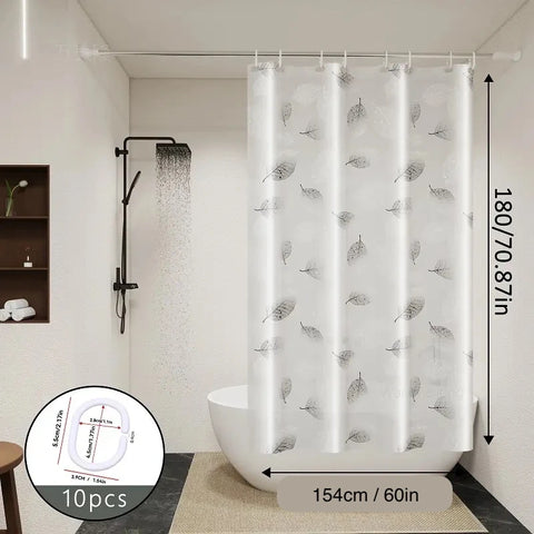 1pc Leaf Pattern Plastic Shower Curtain, Lightweight Bath Curtain Liner with Plastic Hooks, Transparent Curtain, Bathroom Decor