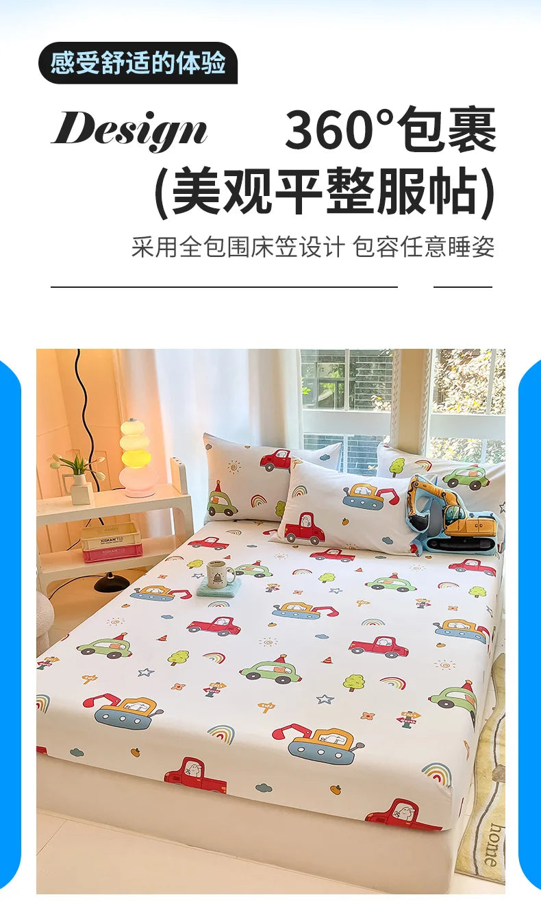 1pc 100%Cotton Bed Sheet for Kids Cartoon Style Car Printed Fitted Sheet with Elastic Band for Boys Pure Cotton Single Bed Cover