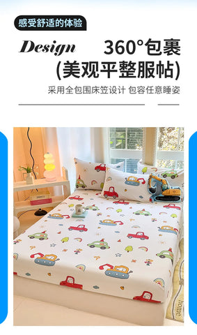 1pc 100%Cotton Bed Sheet for Kids Cartoon Style Car Printed Fitted Sheet with Elastic Band for Boys Pure Cotton Single Bed Cover