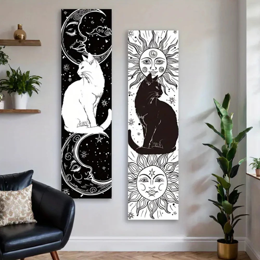 Whimsy Cat Black and White Cat Vertical Tapestry Sun and Moon Long Wall Hanging Starry Sky Aesthetic Art Tapestry Wall Decor