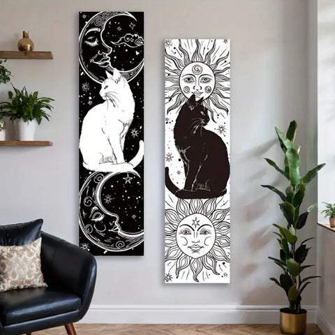 Whimsy Cat Black and White Cat Vertical Tapestry Sun and Moon Long Wall Hanging Starry Sky Aesthetic Art Tapestry Wall Decor