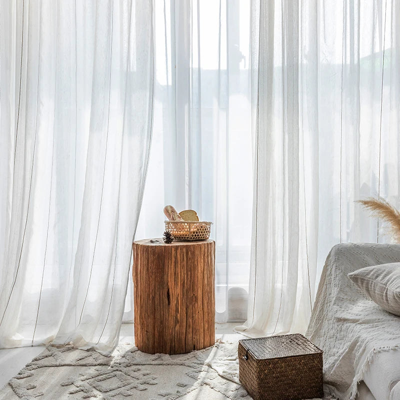 Nordic white Japanese linen cotton curtain tulle for bedroom living room striped gauze finished floating curtain balcony window