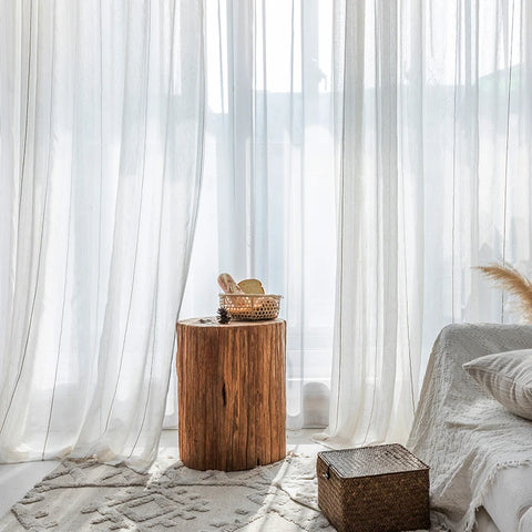 Nordic white Japanese linen cotton curtain tulle for bedroom living room striped gauze finished floating curtain balcony window