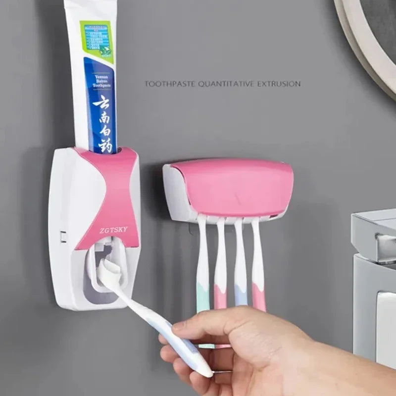 2PCS Automatic Toothpaste Dispenser Wall Mount Dust-proof Toothbrush Holder Wall Mount Bathroom Accessories Set Squeezer