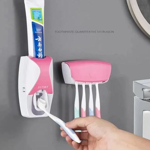 2PCS Automatic Toothpaste Dispenser Wall Mount Dust-proof Toothbrush Holder Wall Mount Bathroom Accessories Set Squeezer