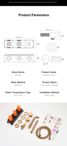 Luxury brass brushed gold wall mounted bathroom faucet with embedded dual handle hot and cold water 2 function bathtub mixer