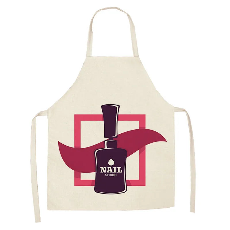 Linen Flower Nail Polish Theme Print Kitchen Aprons Unisex Dinner Party Cooking Bib Funny Pinafore Cleaning Apron