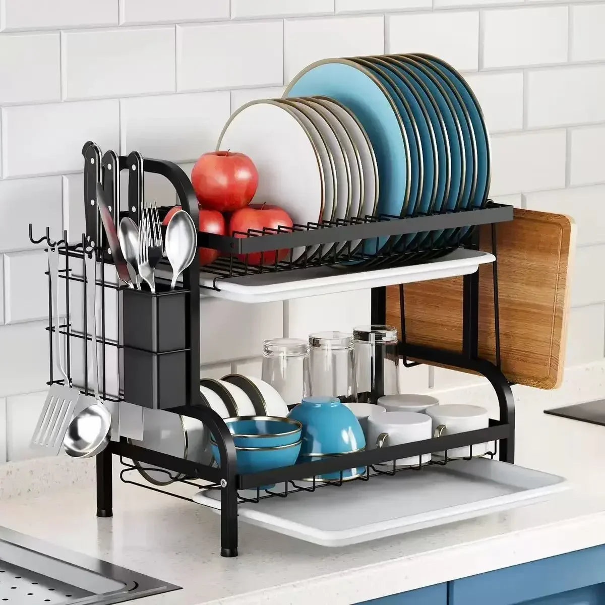 2 Tier Stainless Steel Dish Drying Rack with Drainboard Utensil Holder Compact Rust Proof Kitchen Storage Organizer