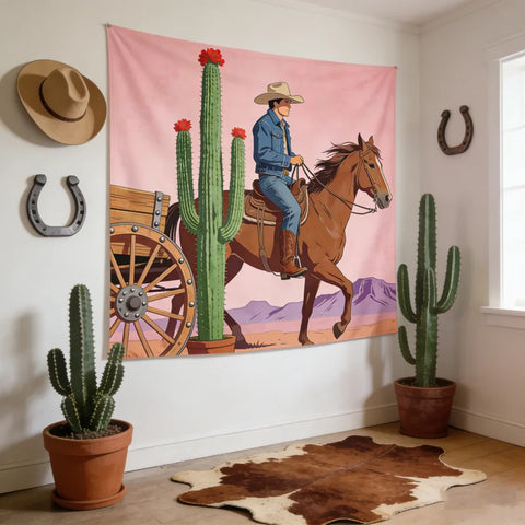 Western Cowboy Pastel Tapestry 2D Printed Desert Cactus & Horse Wall Hanging Retro Rodeo-Themed Home Decor Bedroom Kids Room