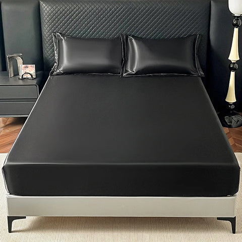 New Imitation Silk Satin Bed Sheet Set with Elastic Band Soft Silky Queen Fitted Sheet Mattress Cover King Size Bedsheet Sets