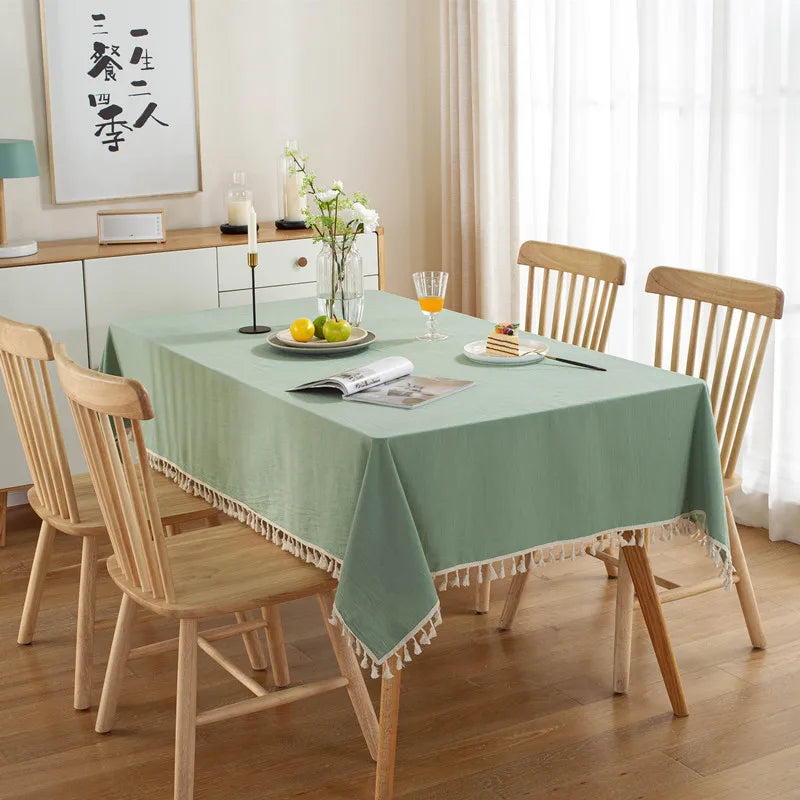 White Cotton Rectangle Tablecloth Fabric Tassel Farmhouse Washable Table Cover for Kitchen Living Room Dinning Picnic Decoration