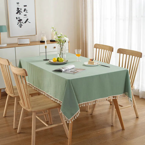 White Cotton Rectangle Tablecloth Fabric Tassel Farmhouse Washable Table Cover for Kitchen Living Room Dinning Picnic Decoration