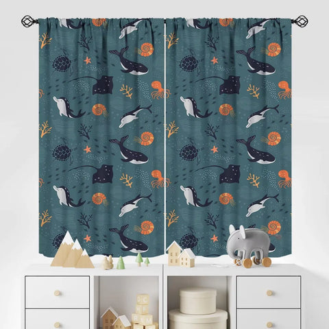 Kids Sea Animal Curtains Boys Girls Bedroom Nursery Decor Funny Turtle Whale Ocean Colorful Art Printed Blackout Window Drapes