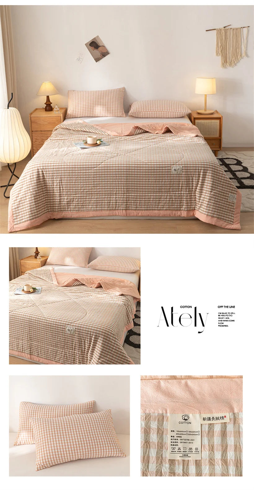 Ins Style Summer Quilt with 100% Cotton Filling Lightweight Skin-friendly Pure Cotton Quilt Plaid Style Thin Comforter Bed Duvet