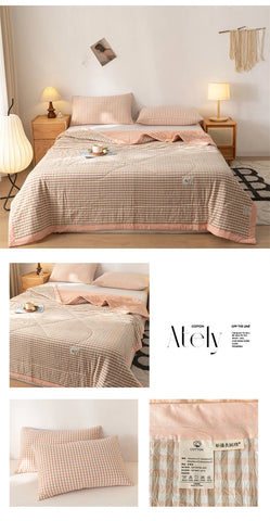 Ins Style Summer Quilt with 100% Cotton Filling Lightweight Skin-friendly Pure Cotton Quilt Plaid Style Thin Comforter Bed Duvet