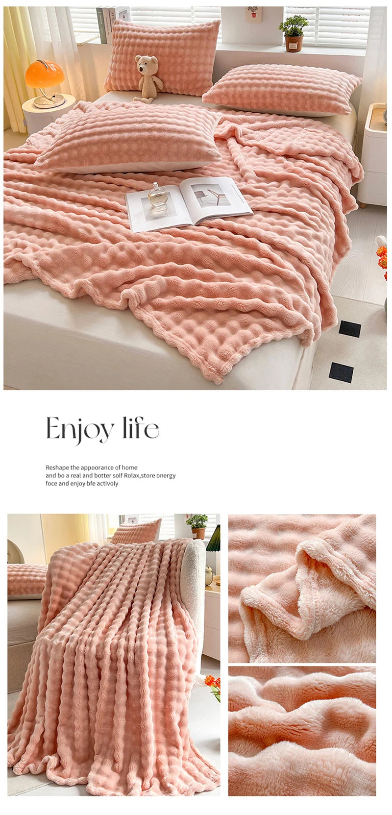 1 Pc Luxury Faux Rabbit Fur Throw Blanket Soft Warm White Striped Fluffy Blankets for Sofa Office Naps Single Double Plush Plaid