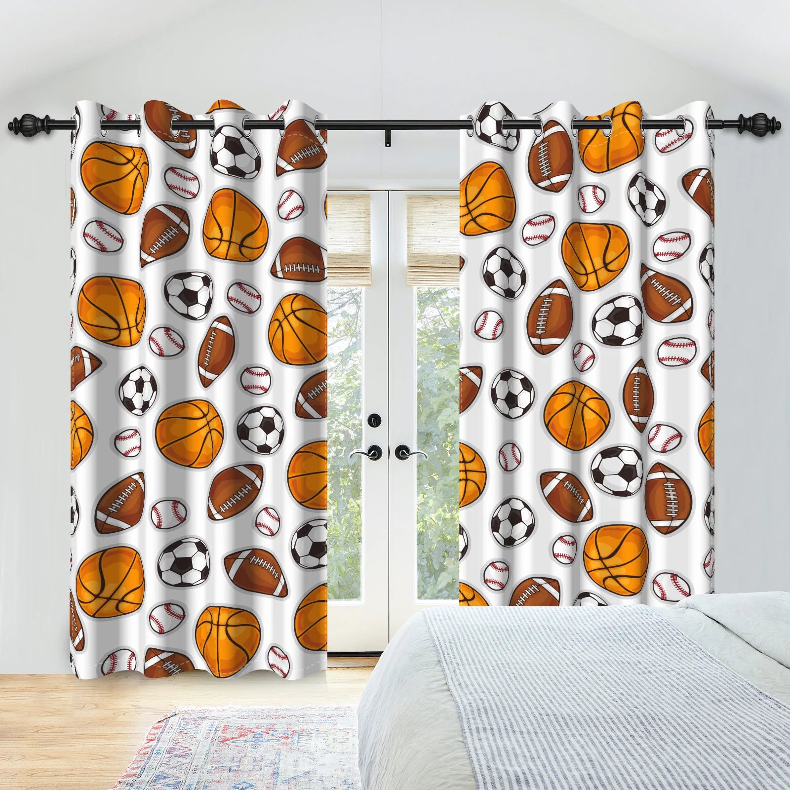 Sports Theme Kids Room Blackout Curtains Football Basketball Rugby Pattern Double Layer Curtains for Bedroom Sports Lovers Decor