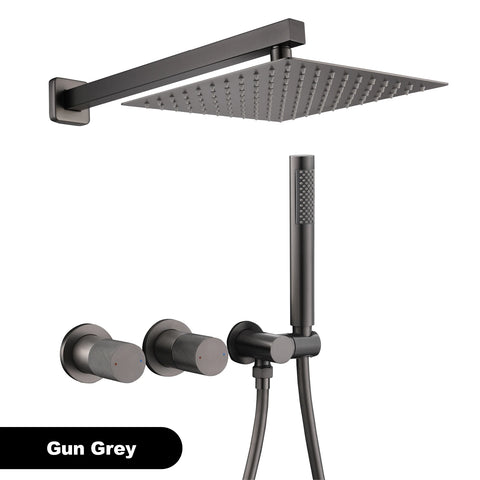 Luxury gun gray brass wall mounted shower system embedded design with 2 handles dual control hot and cold water bathroom faucet