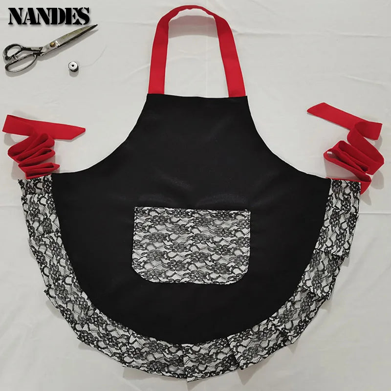 Black Red Lace Apron With Pocket Retro Sexy Pinup Aprons For Kitchen Cosplay Costume Cooking Oilproof Aprons for Women Girls