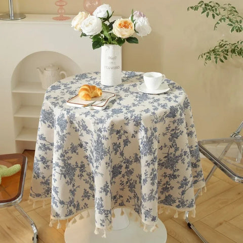 Solid Embroidery Round Tablecloth with Tassels Dust-Proof Table Cover for Kitchen Living Room Dinning Party Tabletop Decorations
